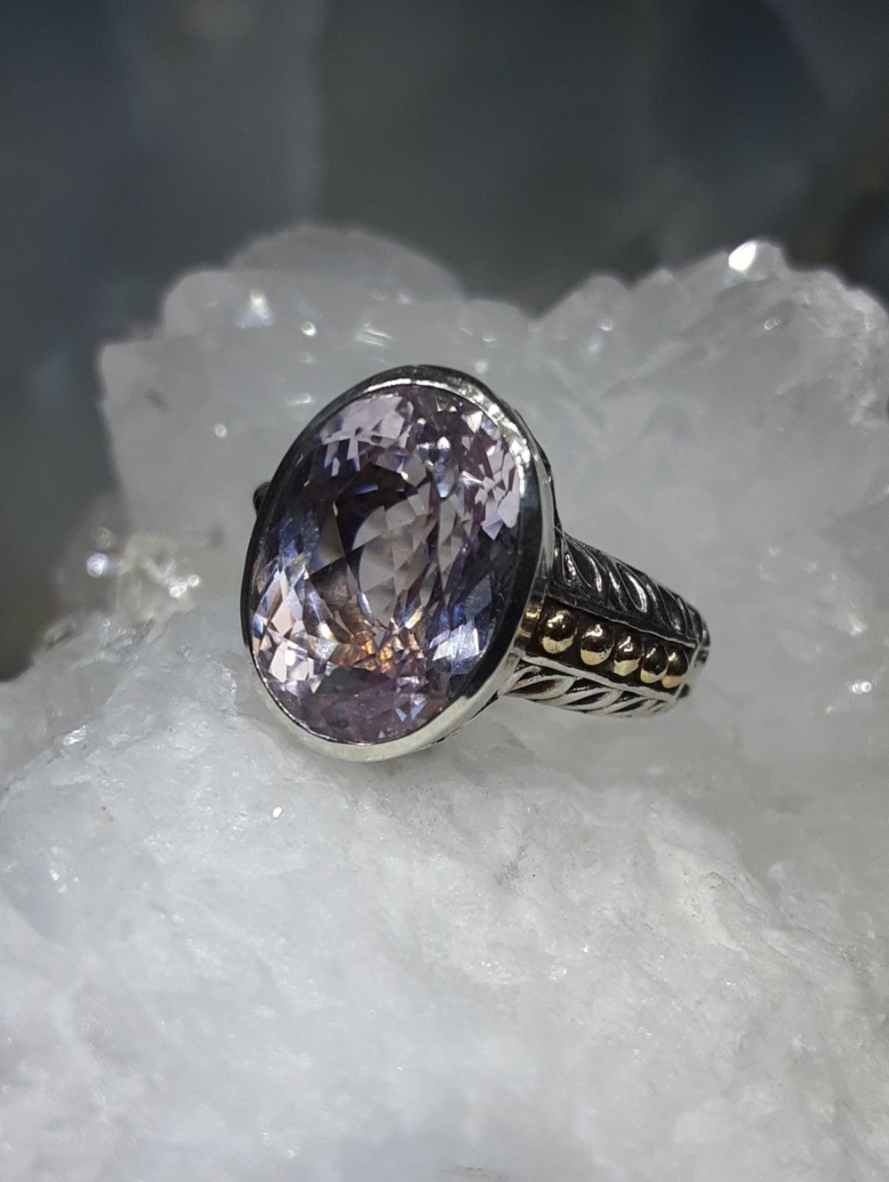 18k & 925 Artisan Crafted Genuine Pink Kunzite Ring.